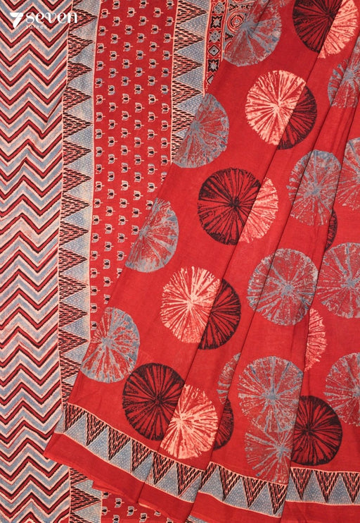 Samori Kutch Red Pure Handmade Ajrakh 100% Cotton Saree - Seven Sarees - Saree - Seven Sarees