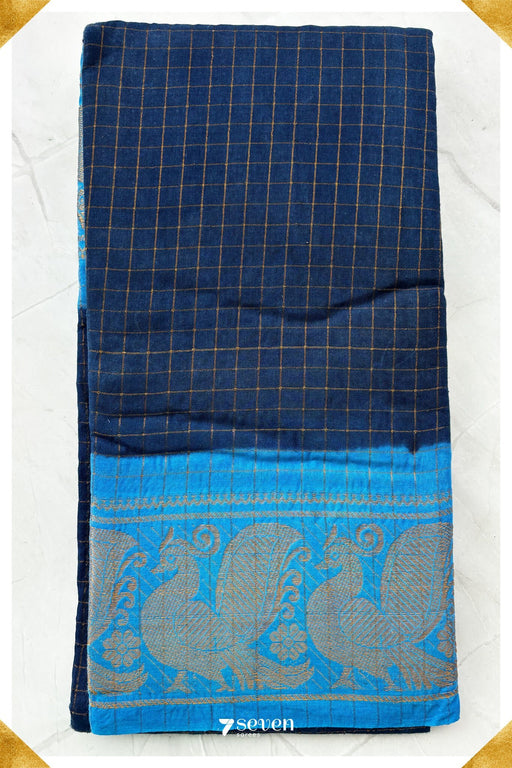 Sangam Madurai Blue Handmade Pure Cotton Sungudi Checks Saree - Seven Sarees - Saree - Seven Sarees