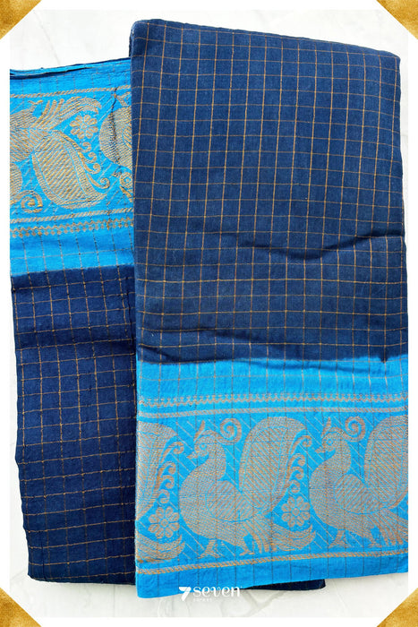 Sangam Madurai Blue Handmade Pure Cotton Sungudi Checks Saree - Seven Sarees - Saree - Seven Sarees