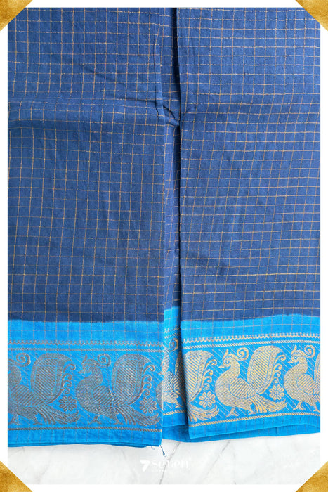 Sangam Madurai Blue Handmade Pure Cotton Sungudi Checks Saree - Seven Sarees - Saree - Seven Sarees