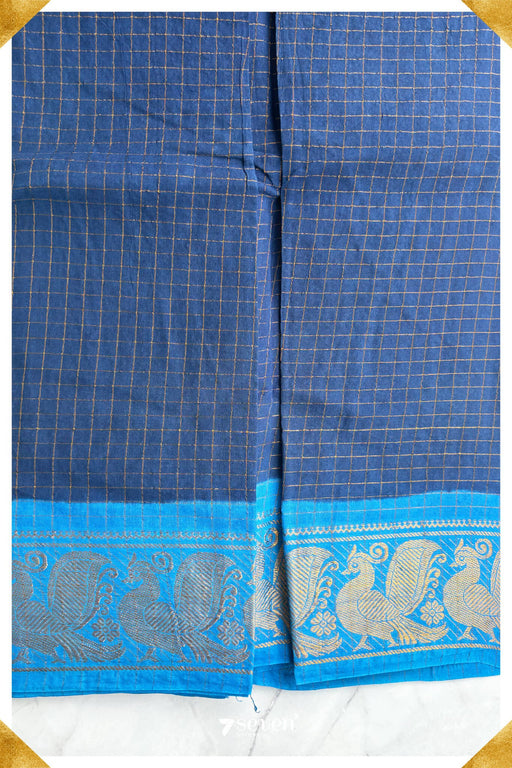 Sangam Madurai Blue Handmade Pure Cotton Sungudi Checks Saree - Seven Sarees - Saree - Seven Sarees