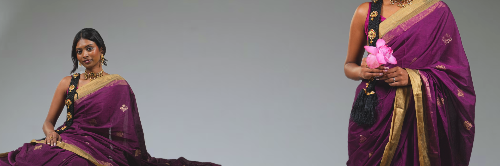 An image of a lady split on the banner. First half she is sitting and on the other she is standing with a lotus flower in the hand. 