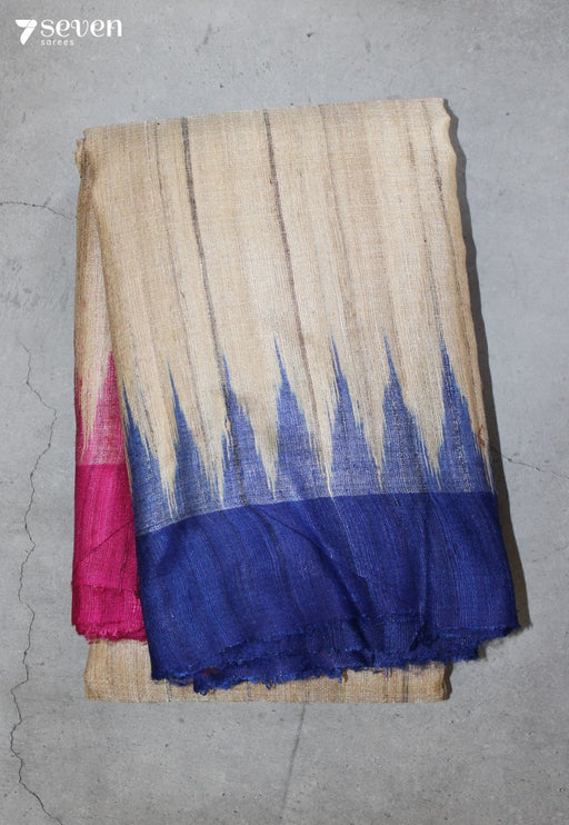 Shailaja Handloom Off-White Pure Tussar Silk Saree with Cotton Ikkat Pallu - Seven Sarees - Saree - Seven Sarees