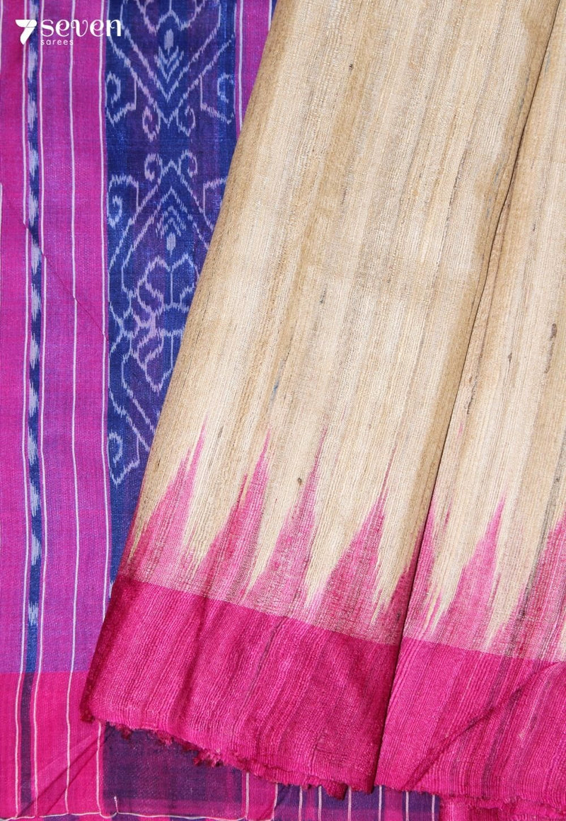 Shailaja Handloom Off-White Pure Tussar Silk Saree with Cotton Ikkat Pallu - Seven Sarees - Saree - Seven Sarees