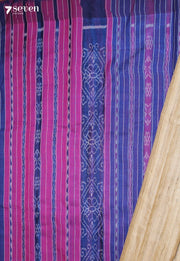 Shailaja Handloom Off-White Pure Tussar Silk Saree with Cotton Ikkat Pallu - Seven Sarees - Saree - Seven Sarees