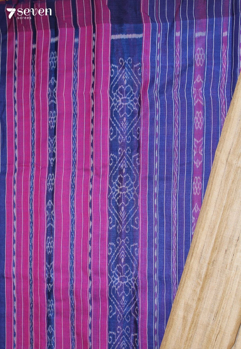 Shailaja Handloom Off-White Pure Tussar Silk Saree with Cotton Ikkat Pallu - Seven Sarees - Saree - Seven Sarees