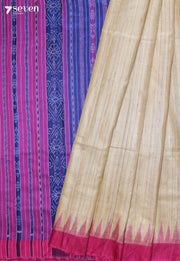 Shailaja Handloom Off-White Pure Tussar Silk Saree with Cotton Ikkat Pallu - Seven Sarees - Saree - Seven Sarees