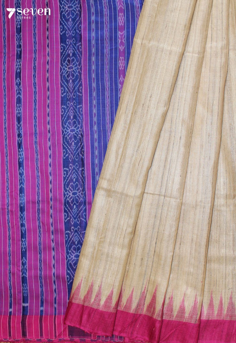 Shailaja Handloom Off-White Pure Tussar Silk Saree with Cotton Ikkat Pallu - Seven Sarees - Saree - Seven Sarees