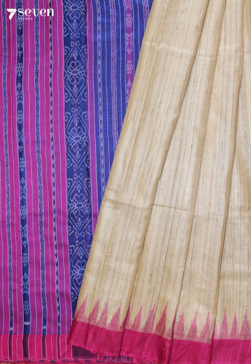 Shailaja Handloom Off-White Pure Tussar Silk Saree with Cotton Ikkat Pallu - Seven Sarees - Saree - Seven Sarees
