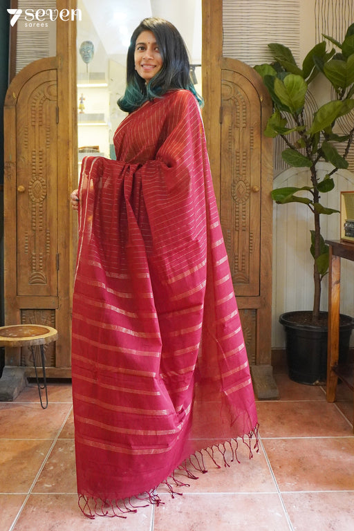 Shania Signature Seven Handloom Red Bangalore Pure Cotton Saree - Seven Sarees - Saree - Seven Sarees