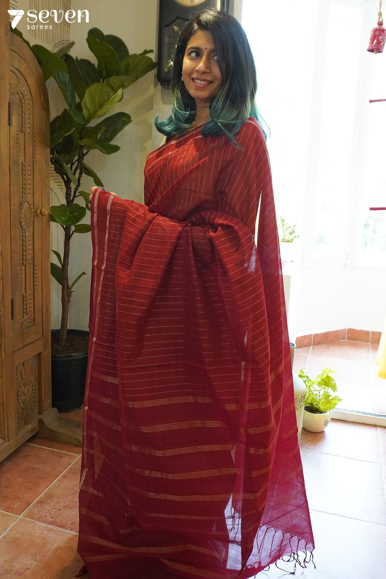 Shania Signature Seven Handloom Red Bangalore Pure Cotton Saree - Seven Sarees - Saree - Seven Sarees