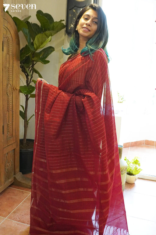 Shania Signature Seven Handloom Red Bangalore Pure Cotton Saree - Seven Sarees - Saree - Seven Sarees
