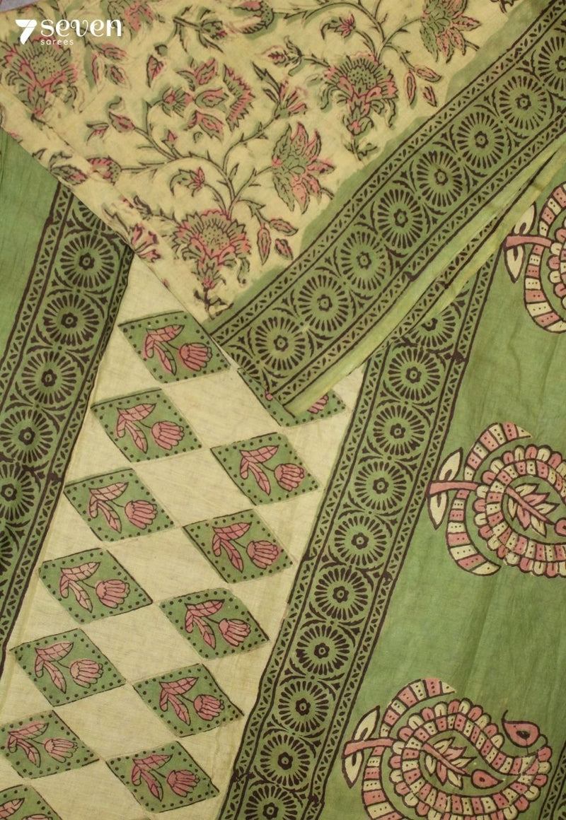 Sharumi Jaipur Green Hand Block Printed Vegetable Dyed 100% Cotton Saree - Seven Sarees - Saree - Seven Sarees