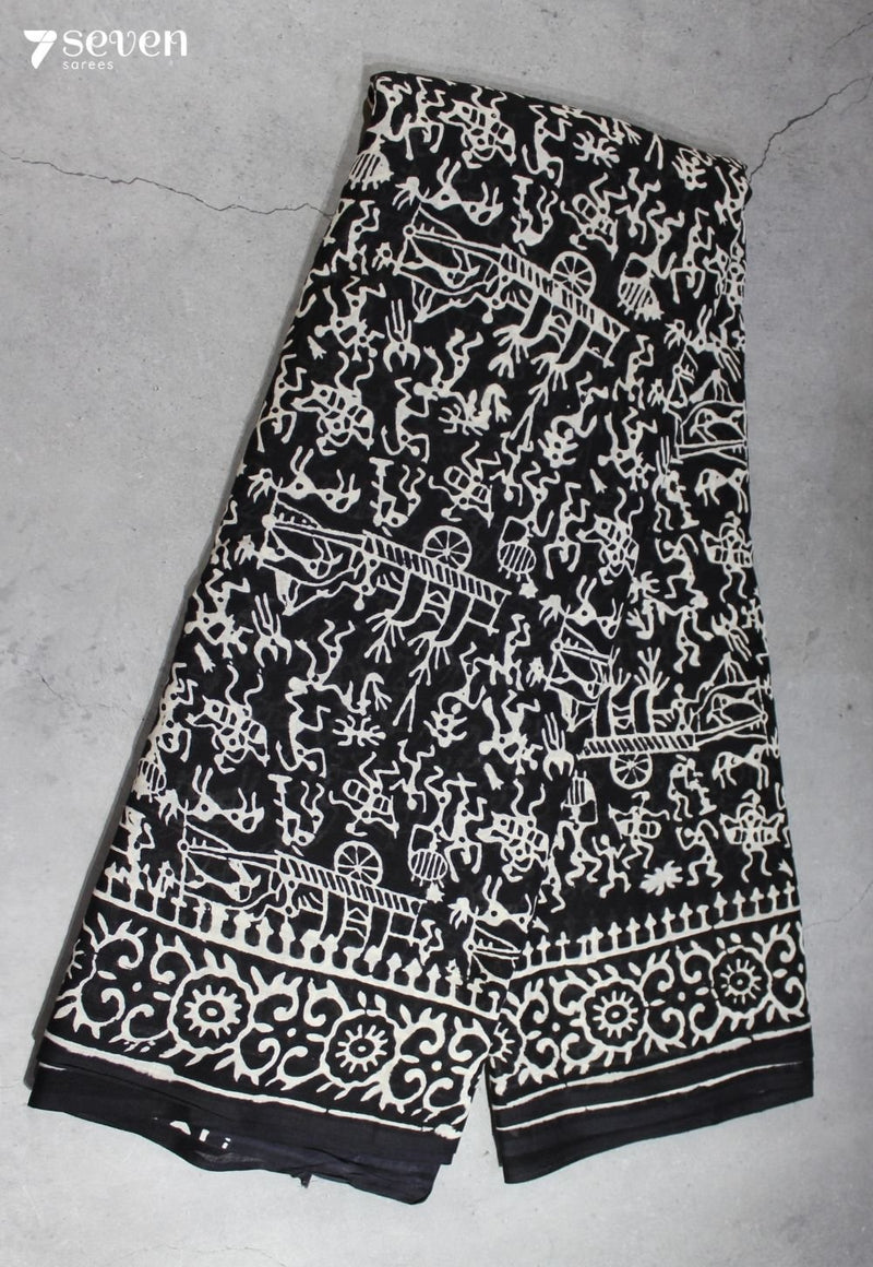 Sharuva Jaipur Black Hand Block Printed 100% Cotton Saree - Seven Sarees - Saree - Seven Sarees