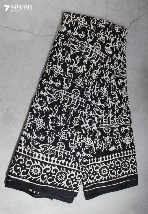 Sharuva Jaipur Black Hand Block Printed 100% Cotton Saree - Seven Sarees - Saree - Seven Sarees