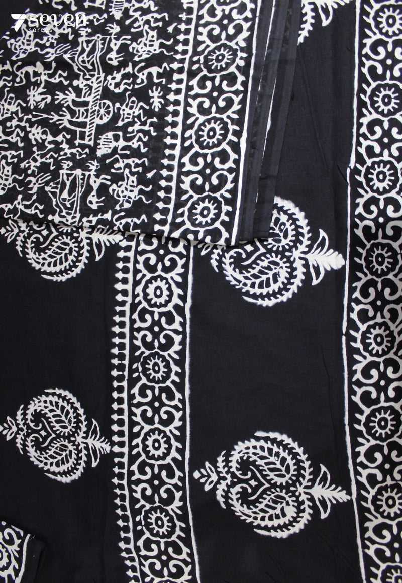 Sharuva Jaipur Black Hand Block Printed 100% Cotton Saree - Seven Sarees - Saree - Seven Sarees