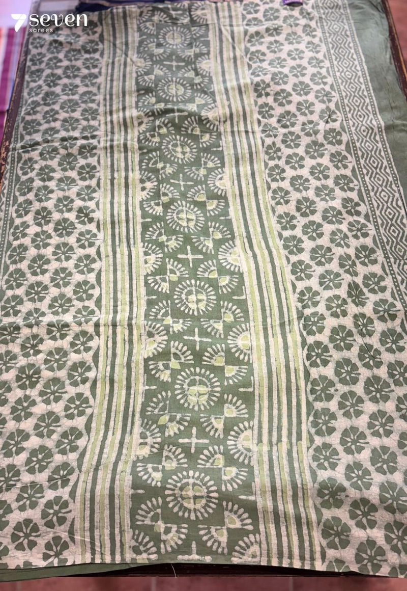 Soft Thistle Jaipur Green Handblock 100% Cotton Saree - Seven Sarees - Saree - Seven Sarees