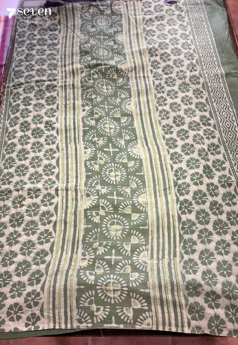 Soft Thistle Jaipur Green Handblock 100% Cotton Saree - Seven Sarees - Saree - Seven Sarees