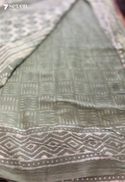 Soft Thistle Jaipur Green Handblock 100% Cotton Saree - Seven Sarees - Saree - Seven Sarees
