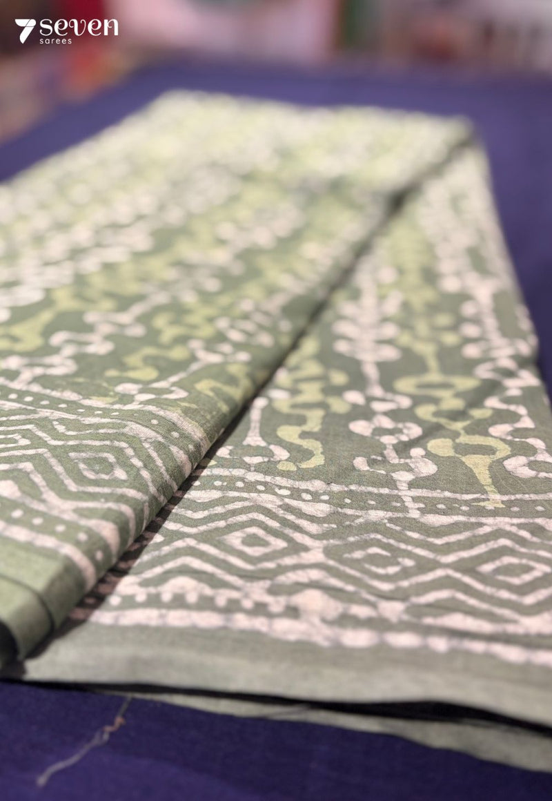 Soft Thistle Jaipur Green Handblock 100% Cotton Saree - Seven Sarees - Saree - Seven Sarees