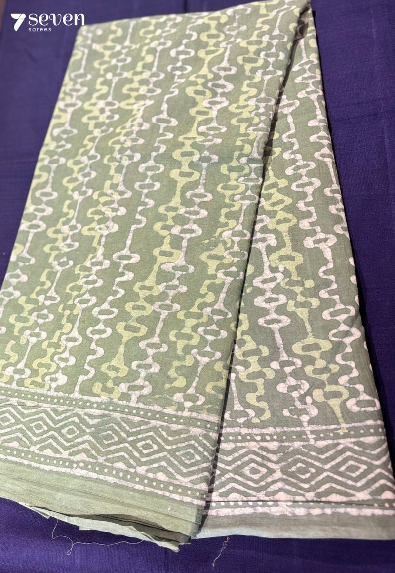 Soft Thistle Jaipur Green Handblock 100% Cotton Saree - Seven Sarees - Saree - Seven Sarees