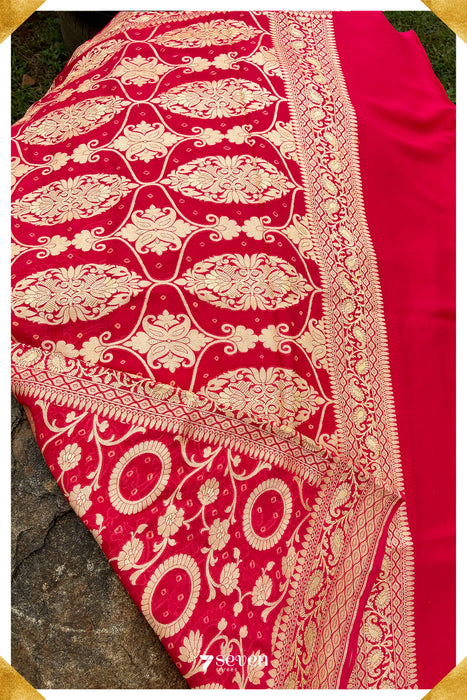 Sona Benares Red Georgette Bandhini Pure Silk Saree | Silk Mark Certified