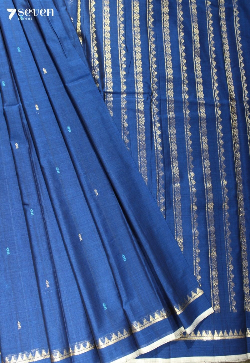 Sowmya Signature Seven Handloom Blue Bangalore Pure Cotton Saree - Seven Sarees - Saree - Seven Sarees