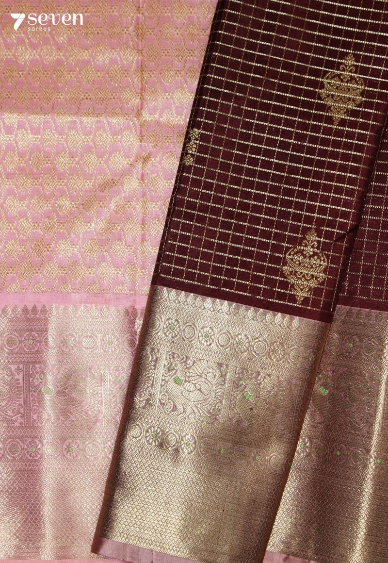 Sudeeksha Handloom Venkatagiri Pattu 100% Silk Brown Saree | Silk Mark Certified - Seven Sarees - Seven Sarees