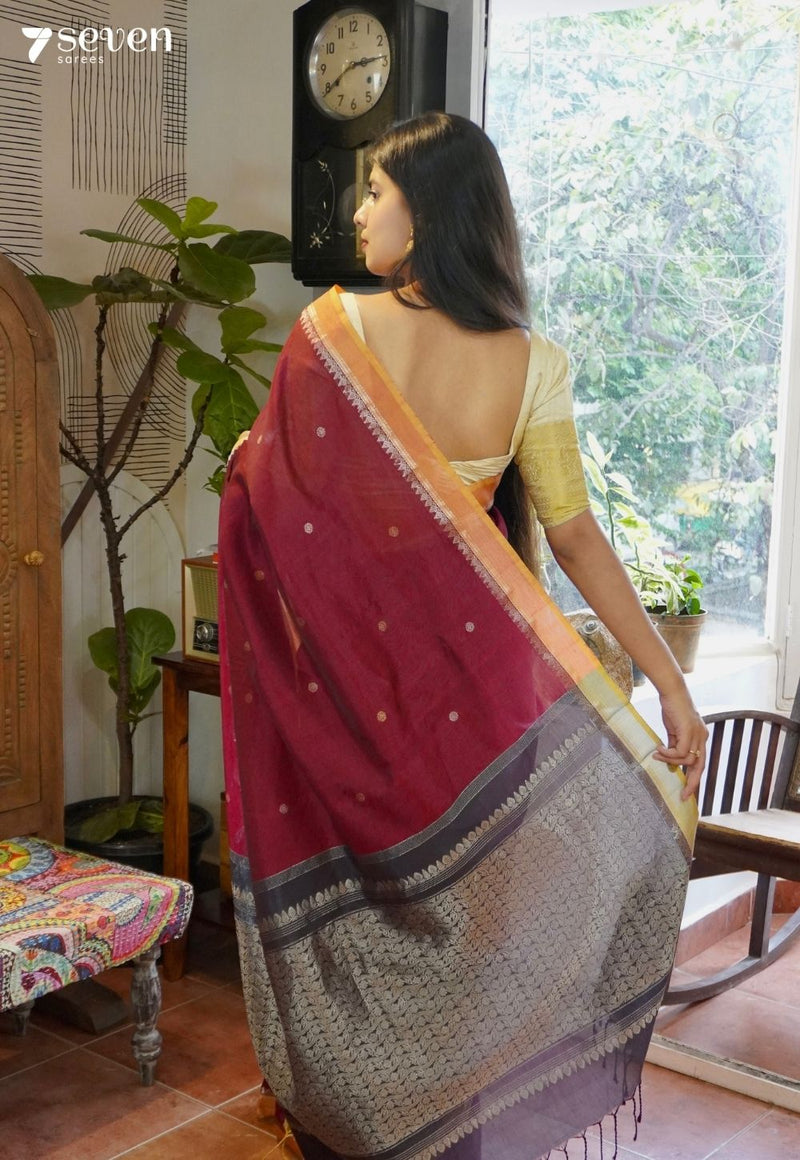 Summer Fig Signature Seven Handloom Red Bangalore Vegan Silk Saree - Seven Sarees - Saree - Seven Sarees