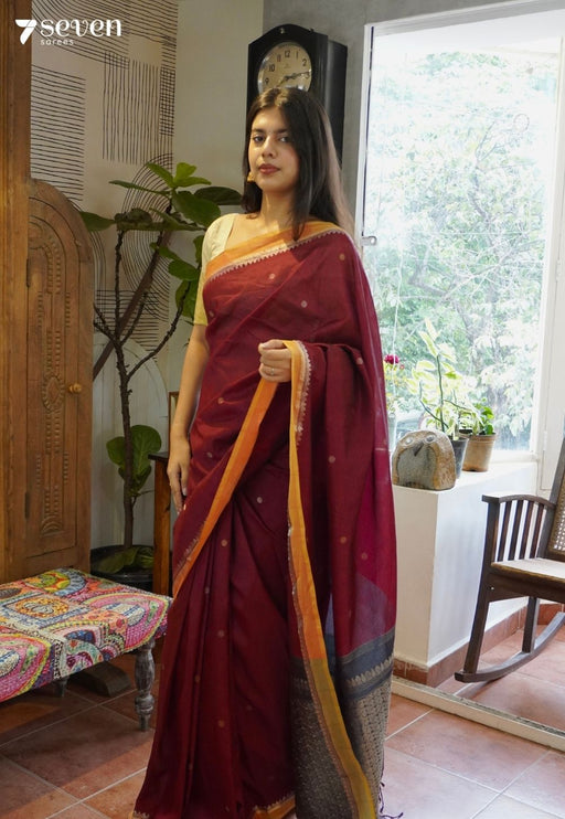 Summer Fig Signature Seven Handloom Red Bangalore Vegan Silk Saree - Seven Sarees - Saree - Seven Sarees