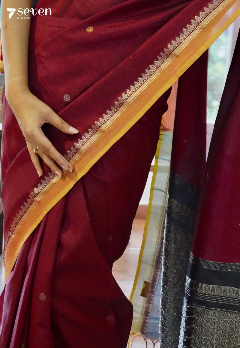 Summer Fig Signature Seven Handloom Red Bangalore Vegan Silk Saree - Seven Sarees - Saree - Seven Sarees