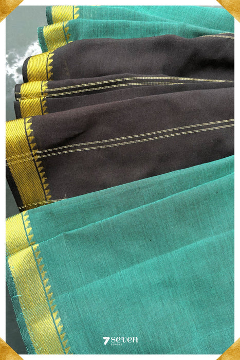 Sungandha Signature Seven Handloom Green Bangalore Silk Cotton Saree with Black Centre pleats, Pallu and Blouse - Seven Sarees - Saree - Seven Sarees