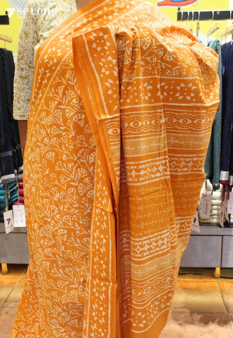 Surabhi Jaipur Yellow Hand Block Printed 100% Cotton Saree - Seven Sarees - Saree - Seven Sarees