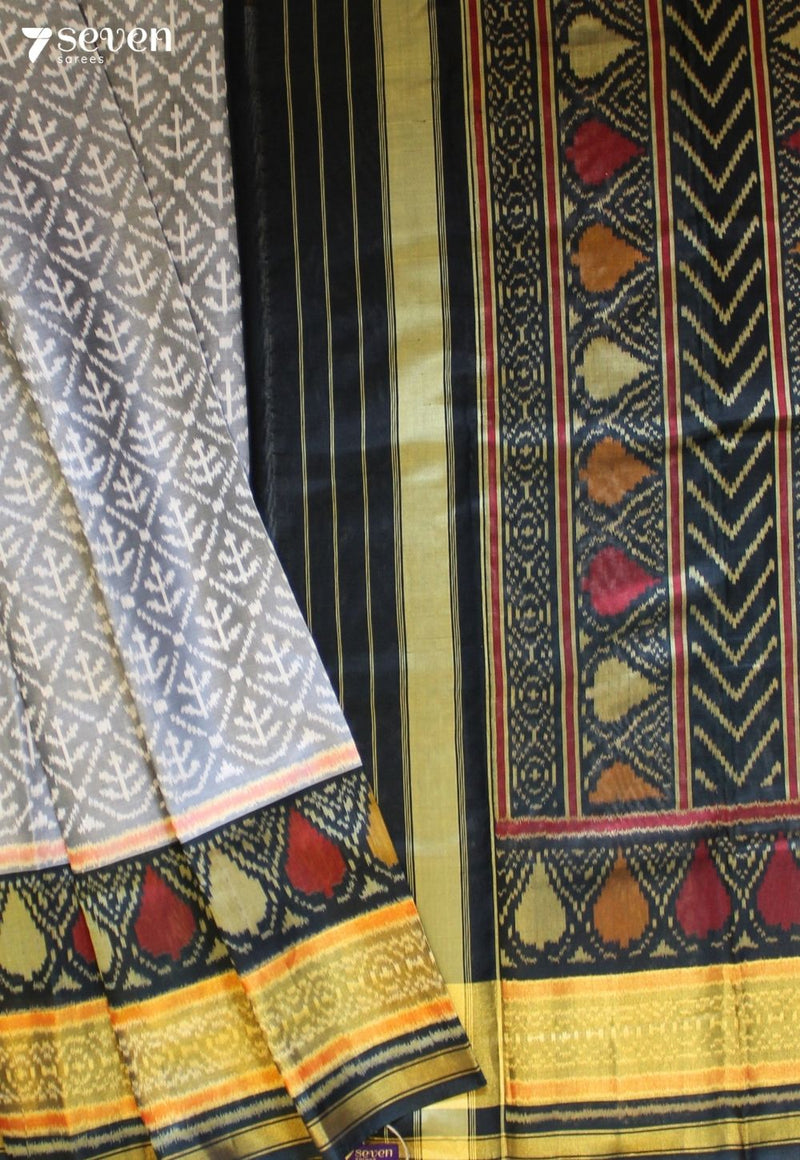 Suranika Patola Handloom Single Ikkat Grey Pure Silk Saree|Silk Mark Certified - Seven Sarees - Saree - Seven Sarees