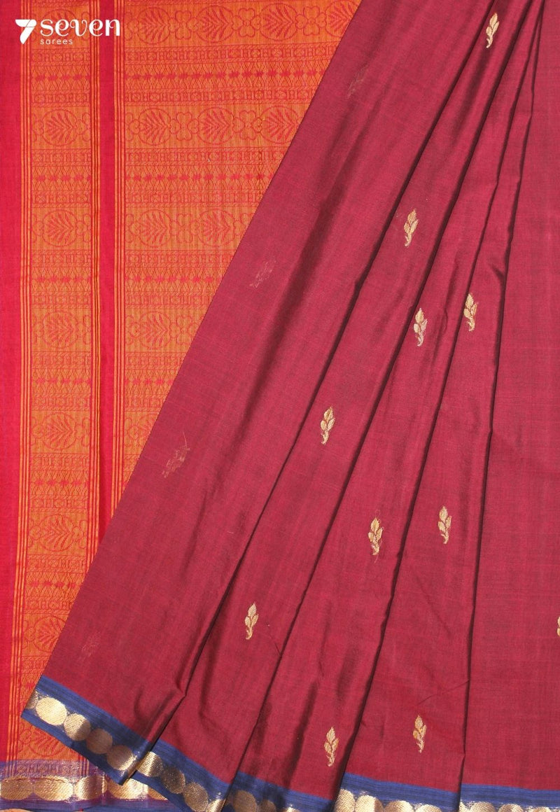 Suvitha Signature Seven Handloom Maroon Bangalore Pure Cotton Saree - Seven Sarees - Saree - Seven Sarees