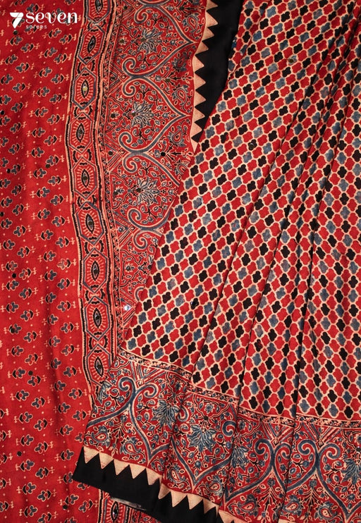 Svarnali Kutch Red Pure Handmade Ajrakh Modal with Handpasted Mirrors