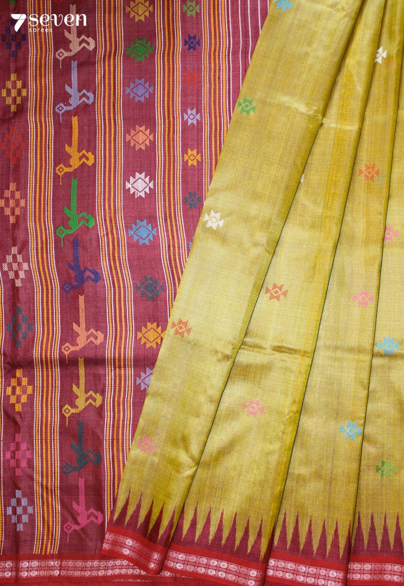 Svarupa Handloom Yellow Pure Tussar Silk Saree With Eri Silk Extra Weft | Silk Mark Certified - Seven Sarees - Saree - Seven Sarees