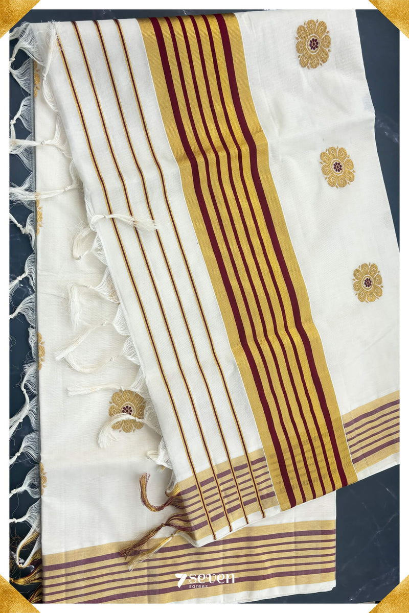 Swarnamalya - Eight Petals Pallu Signature Seven Handloom Off - White Kerala Cotton Saree - Seven Sarees - Saree - Seven Sarees