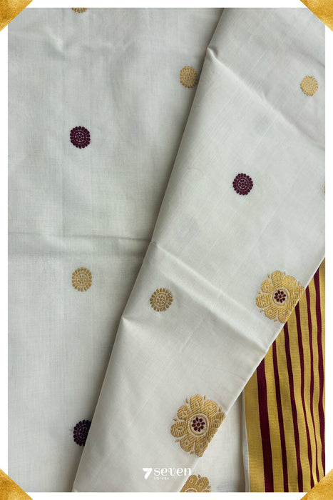 Swarnamalya - Eight Petals Pallu Signature Seven Handloom Off - White Kerala Cotton Saree - Seven Sarees - Saree - Seven Sarees