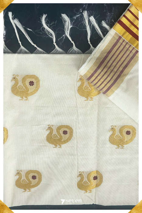 Swarnamalya - Peacock Signature Seven Handloom Off - White Kerala Cotton Saree - Seven Sarees - Saree - Seven Sarees