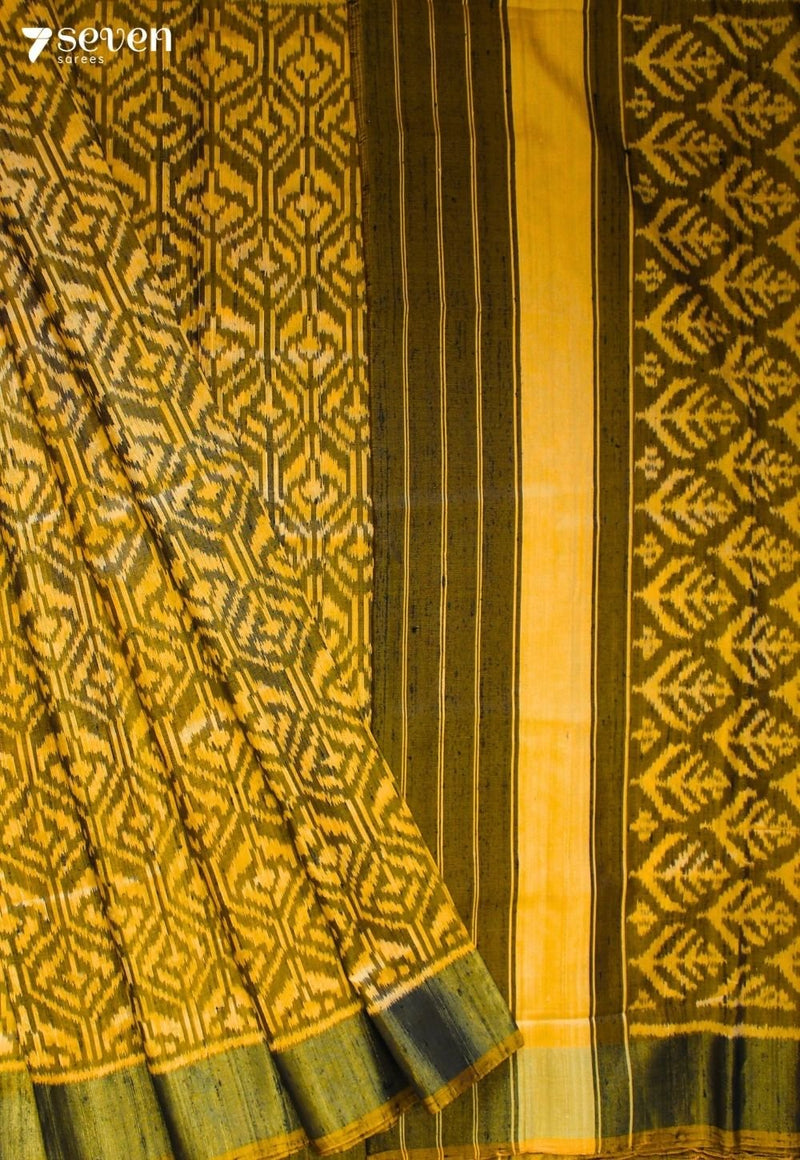 Taalvini Patola Handloom Single Ikkat Yellow Pure Raw Silk Saree|Silk Mark Certified - Seven Sarees - Saree - Seven Sarees