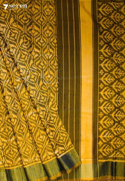 Taalvini Patola Handloom Single Ikkat Yellow Pure Raw Silk Saree|Silk Mark Certified - Seven Sarees - Saree - Seven Sarees