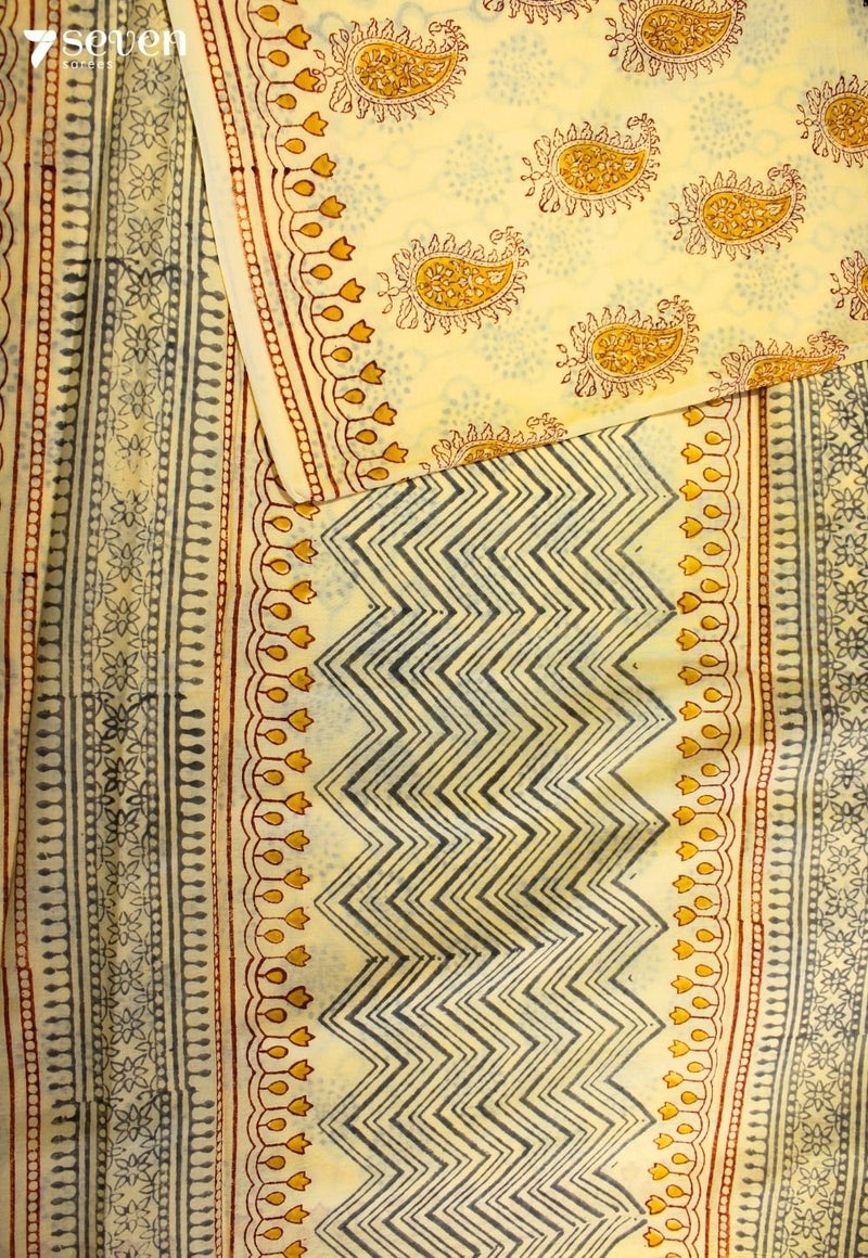 Tanirika Jaipur Yellow Hand Block Printed 100% Cotton Saree - Seven Sarees - Saree - Seven Sarees