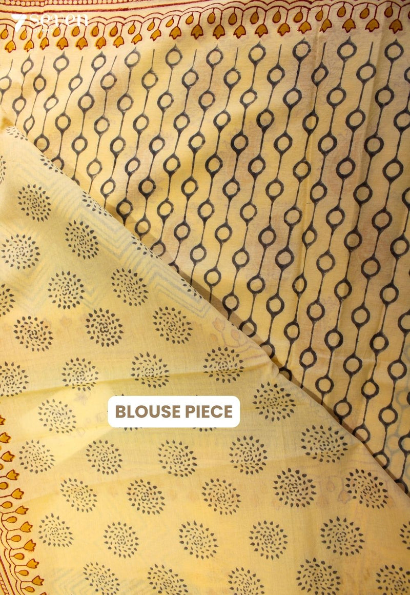 Tanirika Jaipur Yellow Hand Block Printed 100% Cotton Saree - Seven Sarees - Saree - Seven Sarees