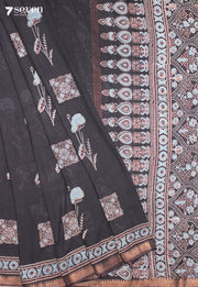 Tarunmi Kutch Black Pure Handmade Ajrakh 100% Cotton Saree - Seven Sarees - Saree - Seven Sarees