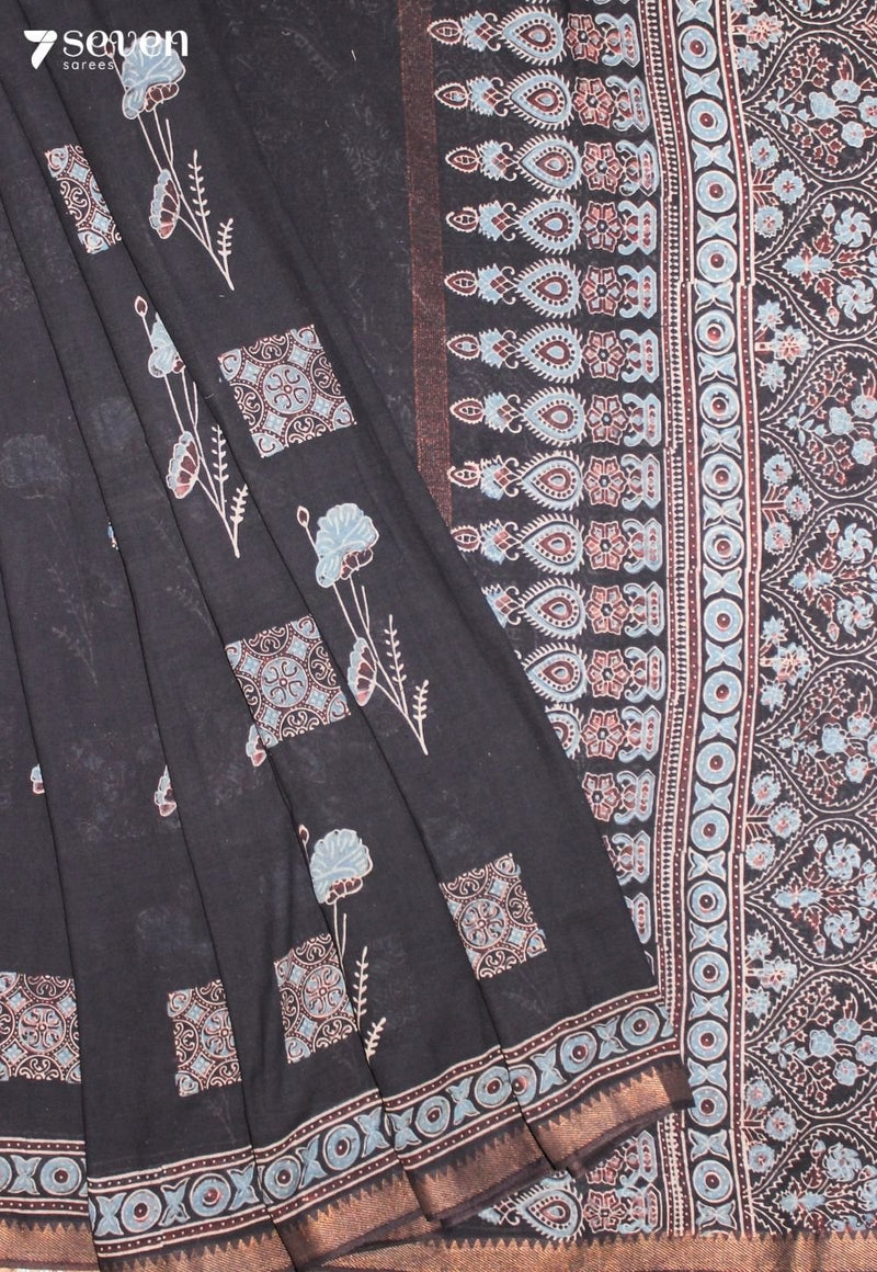 Tarunmi Kutch Black Pure Handmade Ajrakh 100% Cotton Saree - Seven Sarees - Saree - Seven Sarees