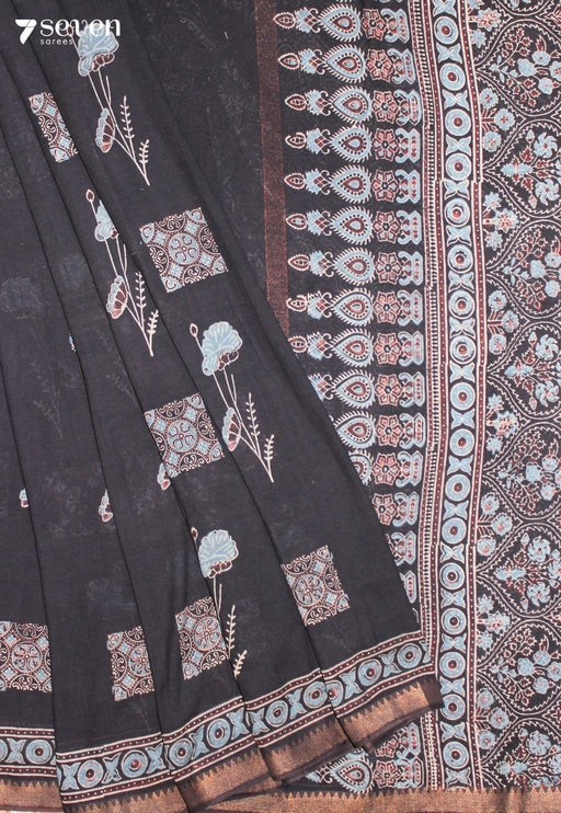 Tarunmi Kutch Black Pure Handmade Ajrakh 100% Cotton Saree - Seven Sarees - Saree - Seven Sarees
