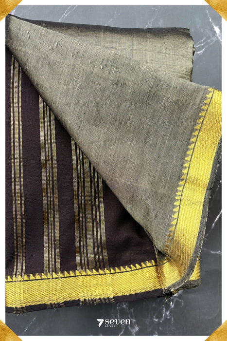 Tavare Signature Seven Handloom Steel Grey Bangalore Silk Cotton Saree with Black Pallu and Blouse - Seven Sarees - Saree - Seven Sarees