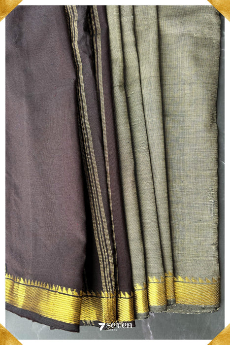 Tavare Signature Seven Handloom Steel Grey Bangalore Silk Cotton Saree with Black Pallu and Blouse - Seven Sarees - Saree - Seven Sarees