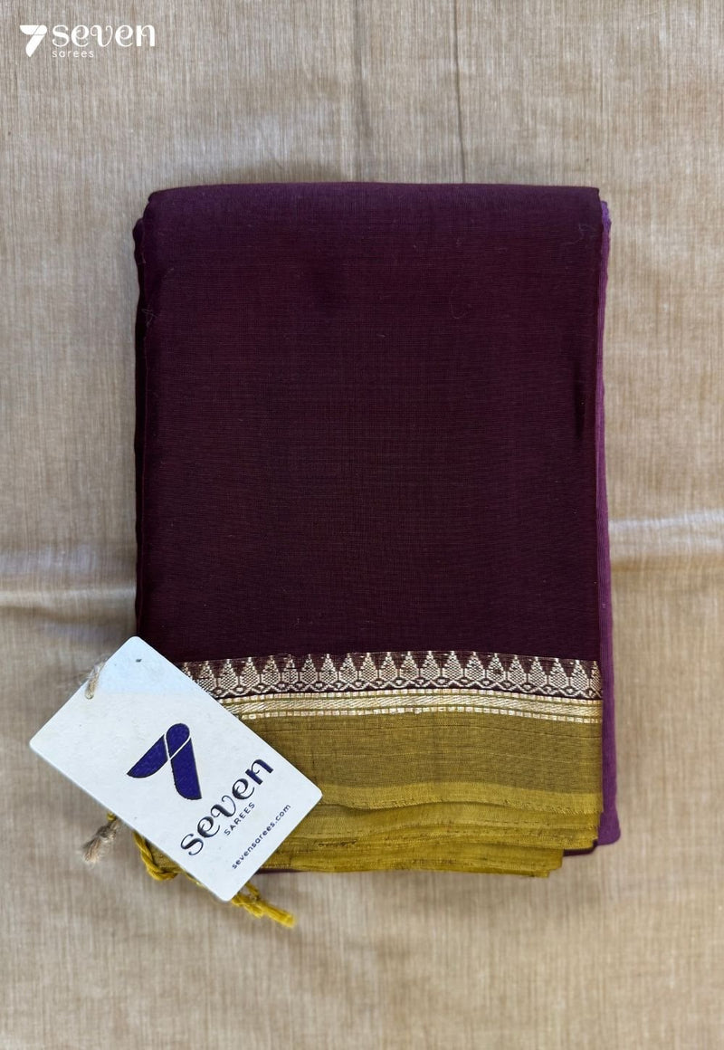 Teak wood Signature Seven Handloom Chocolate Brown Bangalore Pure Cotton Saree - Seven Sarees - Saree - Seven Sarees